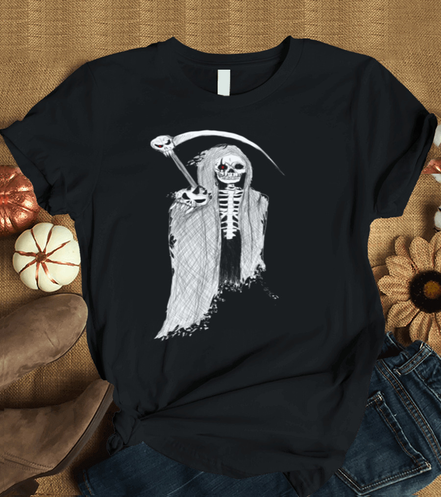 Death in Pencil Grim Reaper with Scythe and Skull Details T-Shirt
