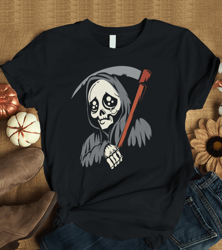 Grim Reaper Cute Sad Eyes with Scythe T-Shirt