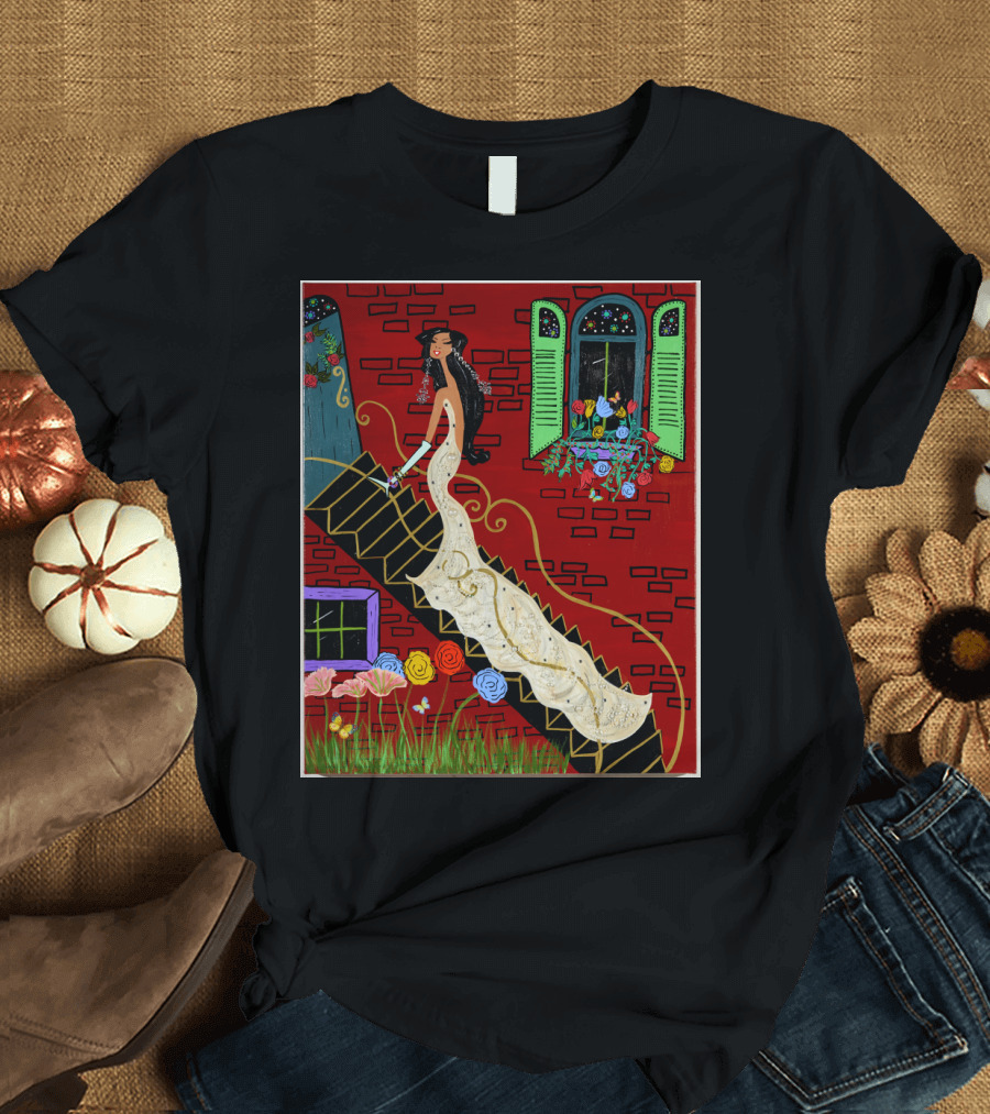Elegant Evening in Paris: Woman in White Gown Ascending Staircase Amidst Vibrant Flowers and Red Brick Building T-Shirt