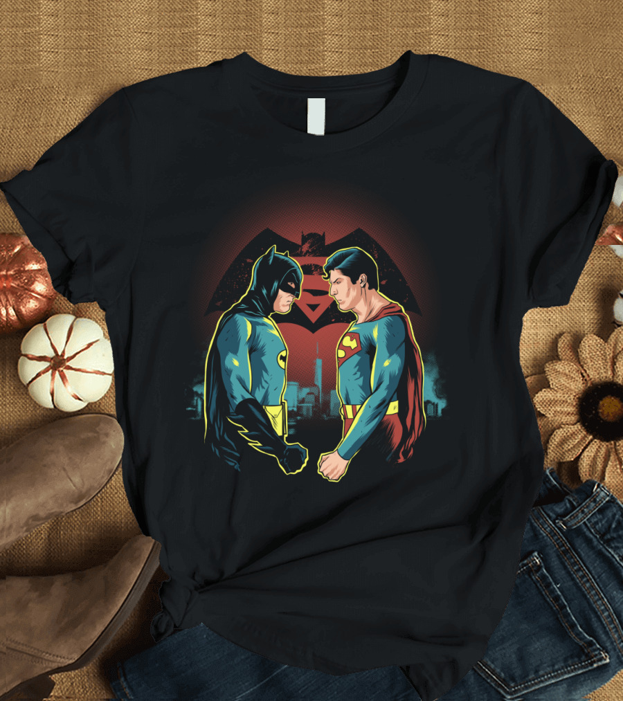 Batman Adam West vs Superman Christopher Reeve Iconic Showdown with Gotham and Metropolis Skyline T-Shirt