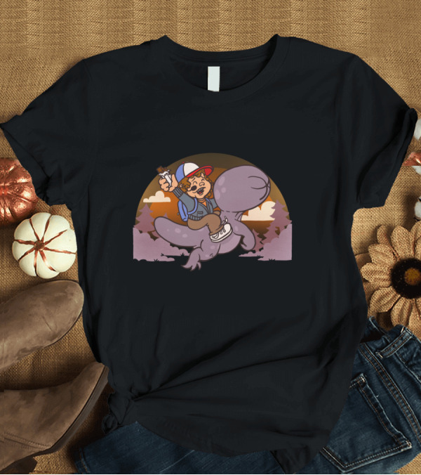 T-Shirt: Stranger Bros Dustin Riding Demogorgon Retro Crossover T-Shirt Stranger Bros Dustin Riding Demogorgon Retro Crossover T-Shirt