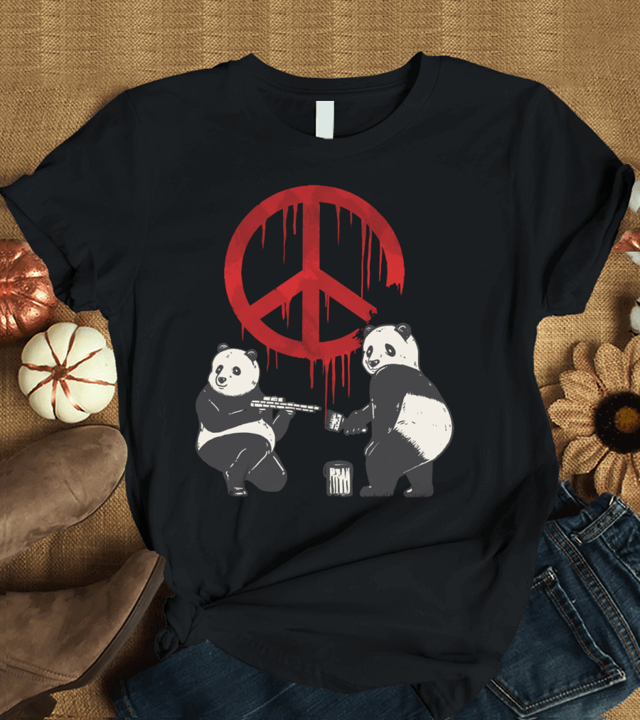 Pandalism Dripping Red Peace Sign with Brick-Building Pandas T-Shirt