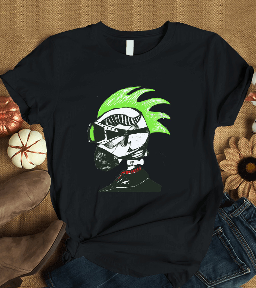Neon Green Mohawk Skeleton Punk Biker with Gas Mask and Spiked Goggles T-Shirt