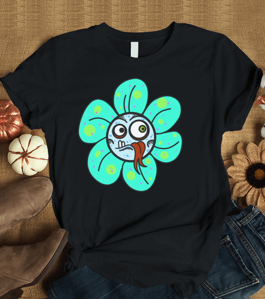 Stupid Flowers Cartoon Face with Silly Expression and Blue Green Petals T-Shirt