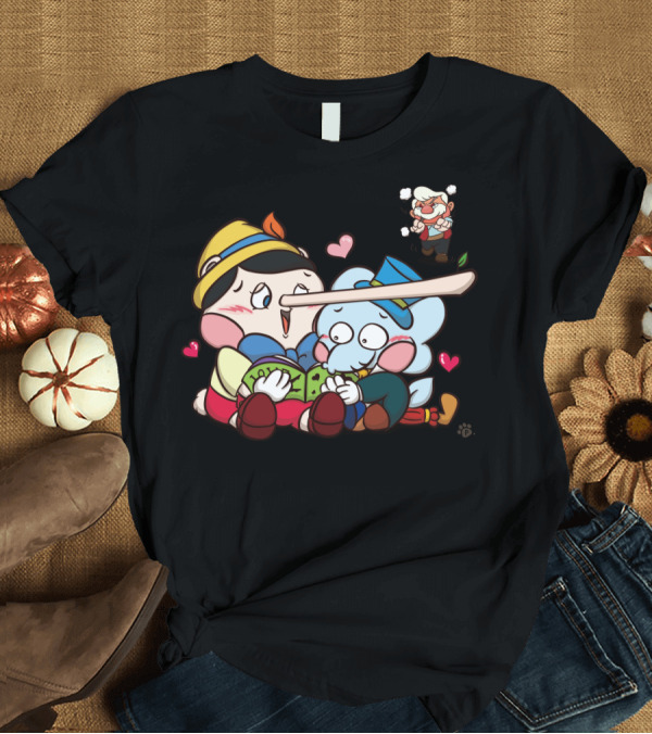 T-Shirt: Pinocchio Long Nose Reading Adventure with Blue Character and Angered Bearded Man T-Shirt Pinocchio Long Nose Reading Adventure with Blue Character and Angered Bearded Man T-Shirt