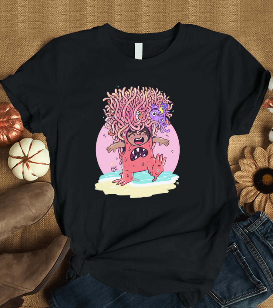 Anenome Cartoon Character with Tentacle Hair and Smiling Face in Pink Circle T-Shirt