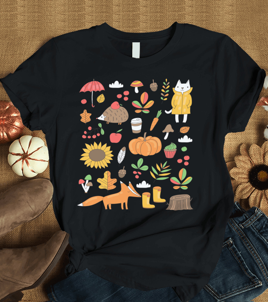 Autumn Fox Pumpkin Sunflower Cat Hedgehog Leafy Mushroom Carrot Umbrella Cupcake Nature Boots T-Shirt