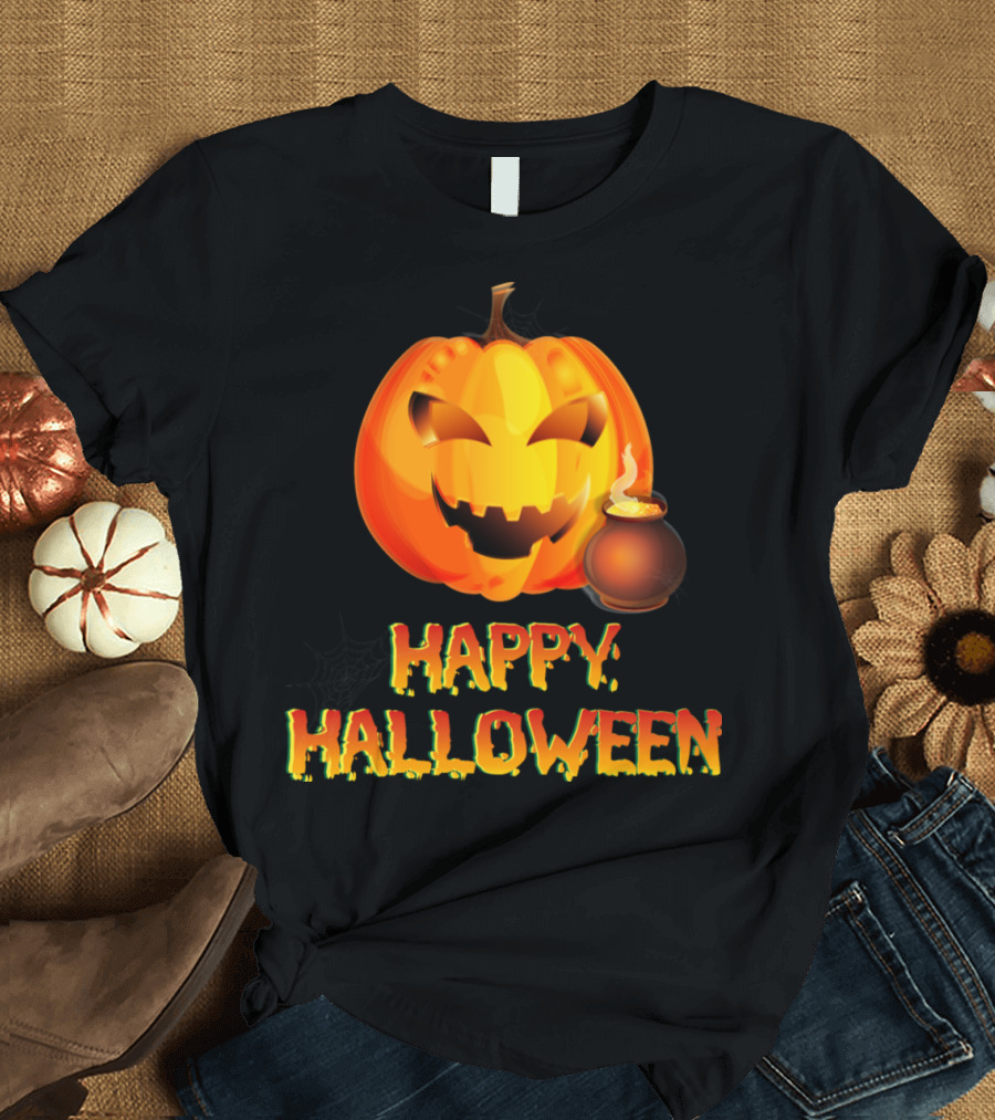 Happy Halloween Cartoon Pumpkin with Cauldron Porridge T-Shirt