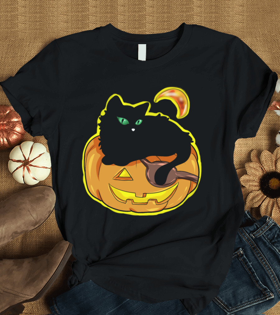 Black Cat on Jack-O'-Lantern with Crescent Moon - Halloween Pumpkin T-Shirt