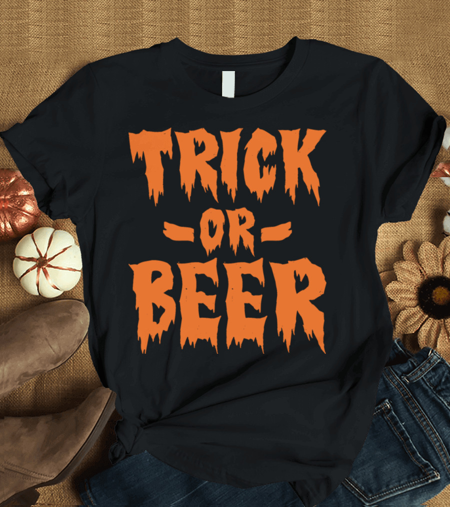 Trick Or Beer Halloween Pumpkin Ghost Spooky Orange Text T-Shirt