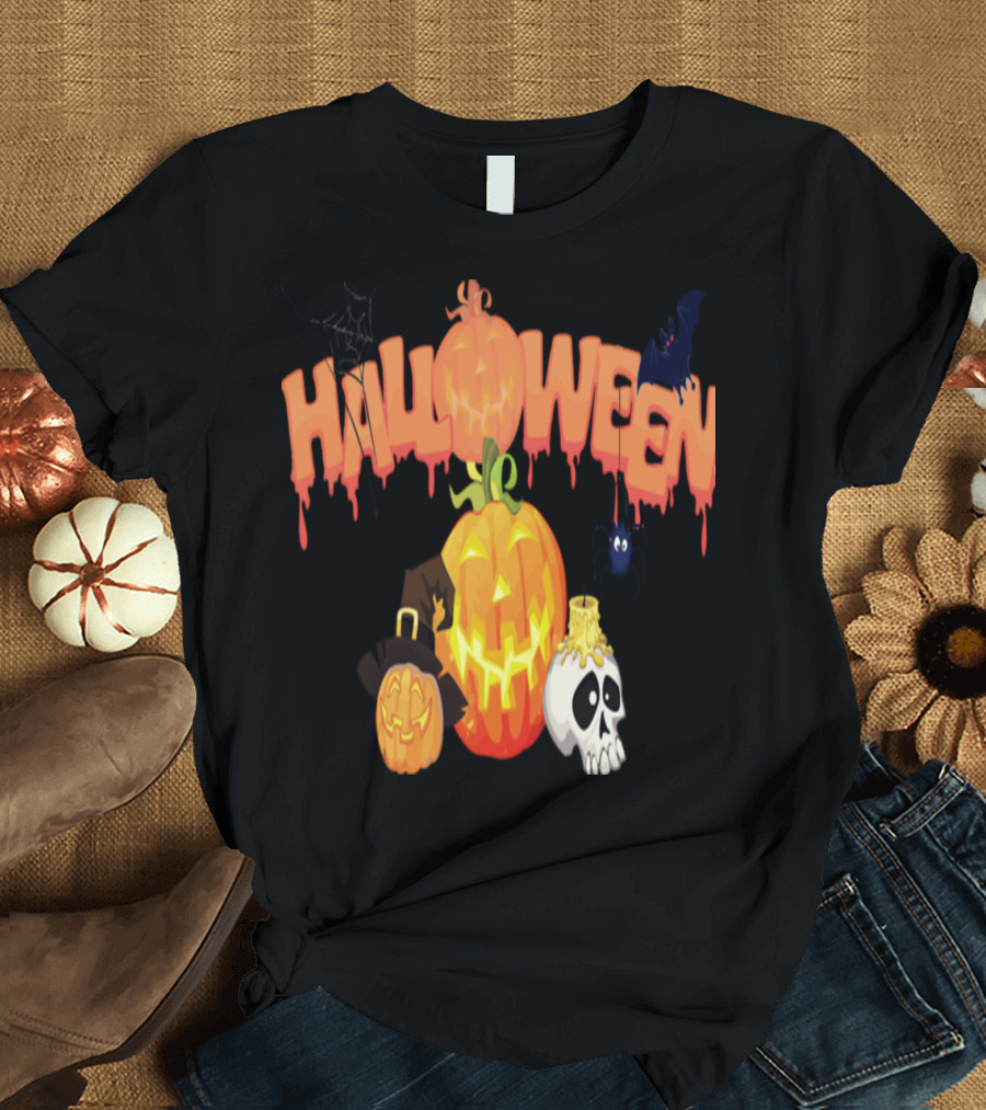 Halloween Pumpkin Skull Bat Spider with Witch Hat and Dripping Orange Text T-Shirt