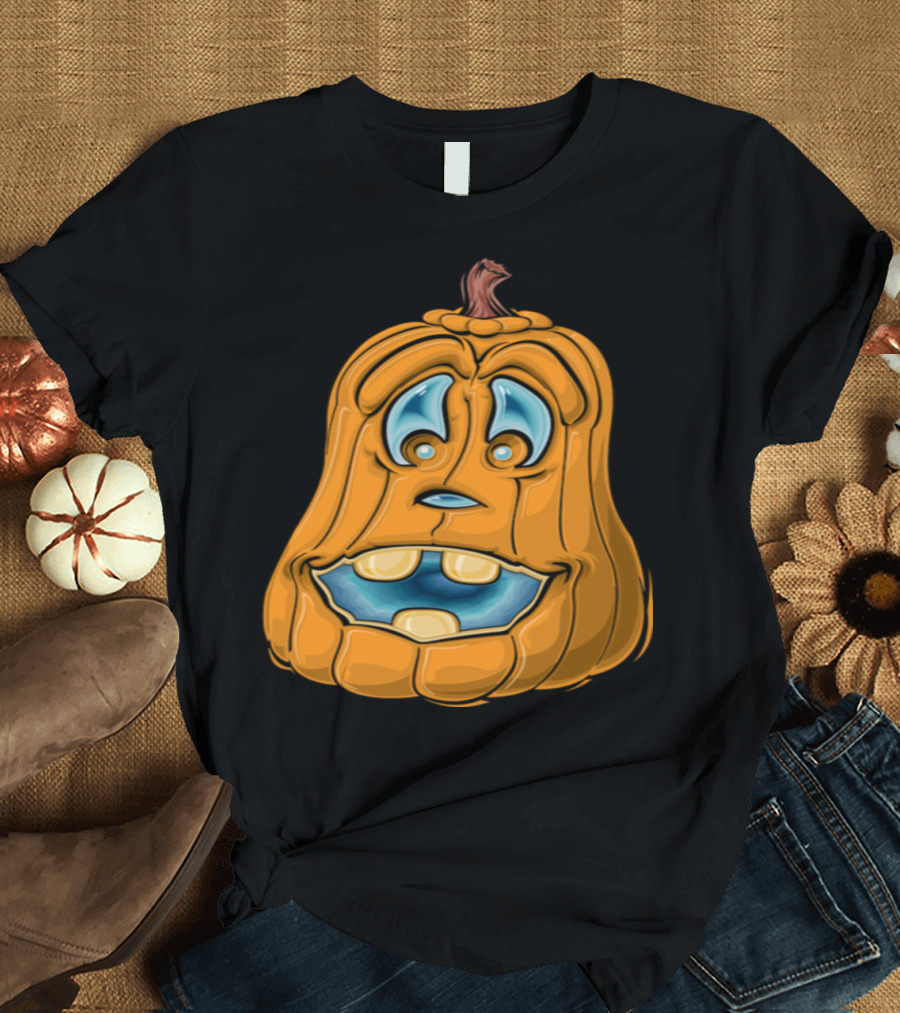 Friendly Pumpkin Cartoon Face with Blue Eyes and Wide Smile T-Shirt
