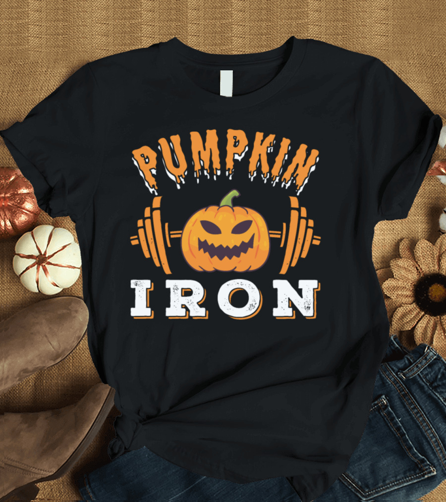 Pumpkin Iron Halloween Workout Barbell Jack-O'-Lantern T-Shirt