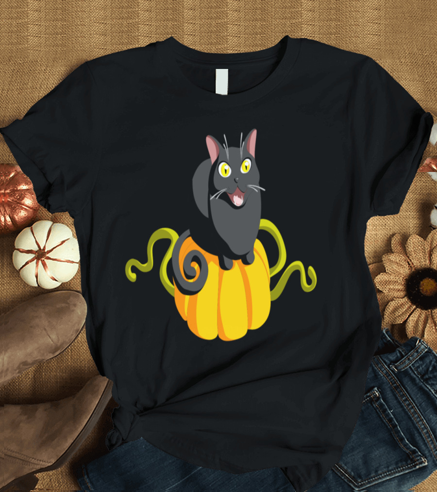 Playful Black Cat on Golden Pumpkin with Green Vines T-Shirt