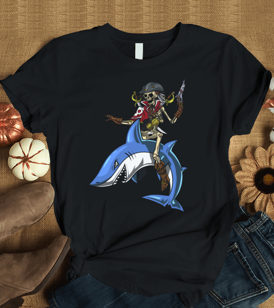 Skeleton Pirate on Shark Adventure T-Shirt