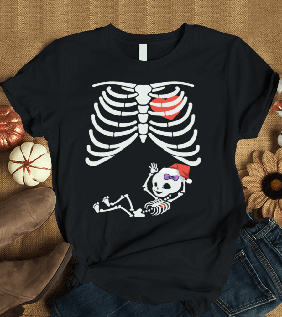 Skeleton Mom with Baby Girl Christmas Skeleton Santa Hat Ribcage Heart Bow Black T-Shirt