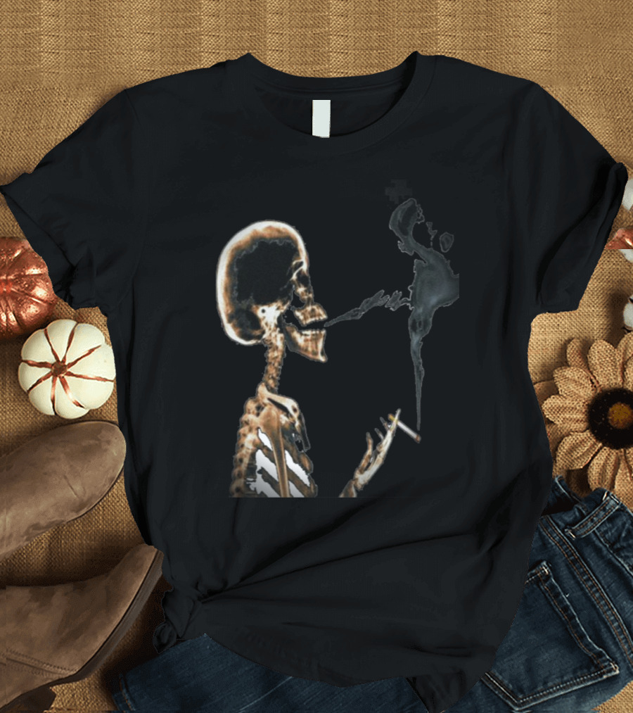 Skeleton Smoking Cigarette with Smoke Trail T-Shirt