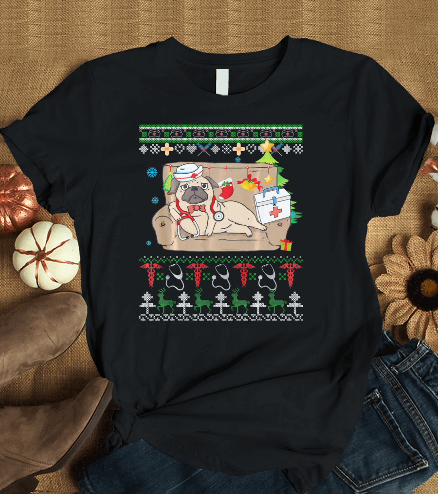 ChristmasCute Dog Pugmas Nurse Pug with Stethoscope and Medical Kit T-Shirt