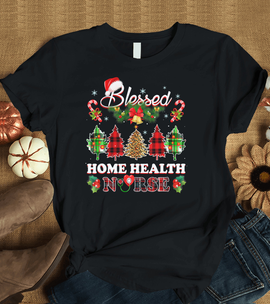 Blessed Home Health Nurse Christmas Plaid Candy Cane Wreath T-Shirt