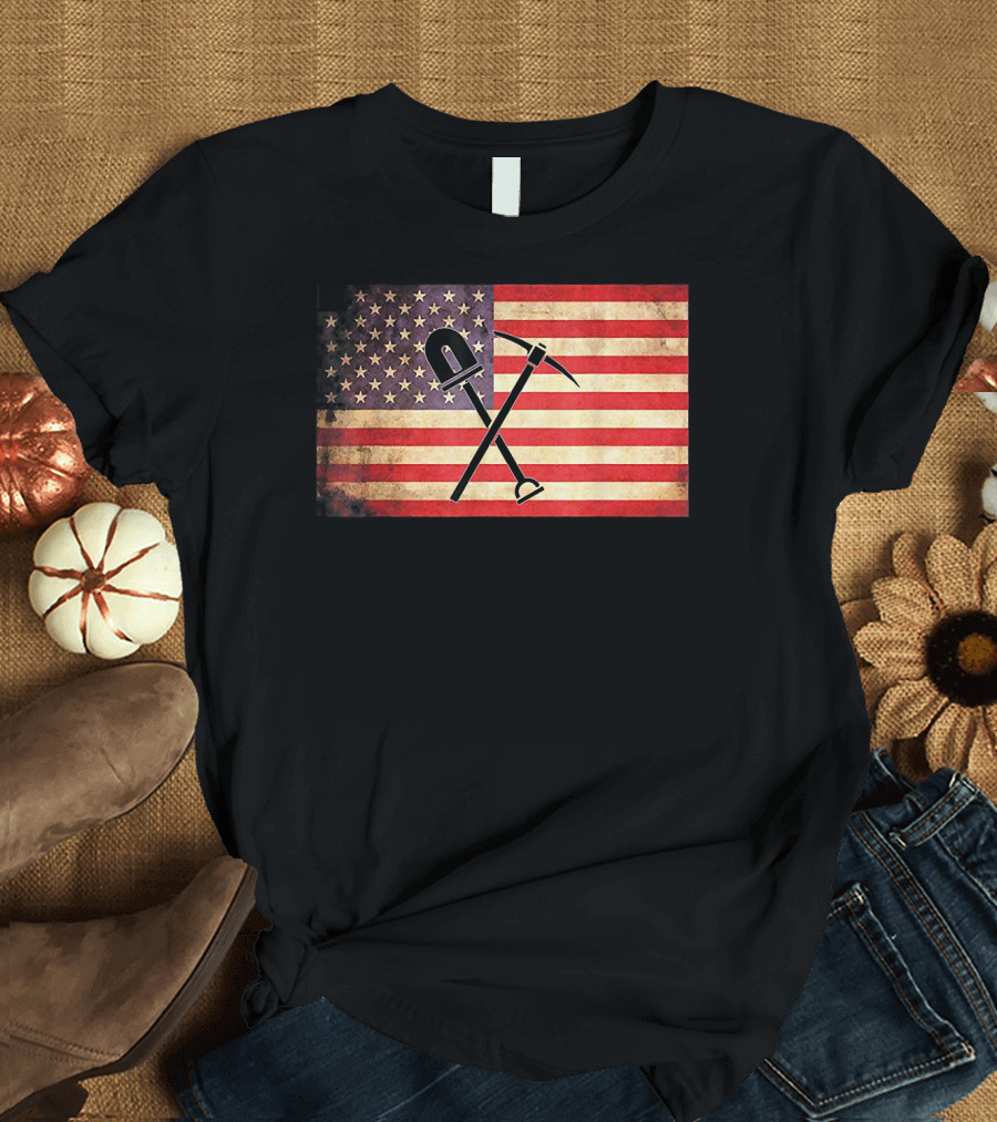 American Flag Patriotic Coal Mine Shovel and Pickaxe T-Shirt