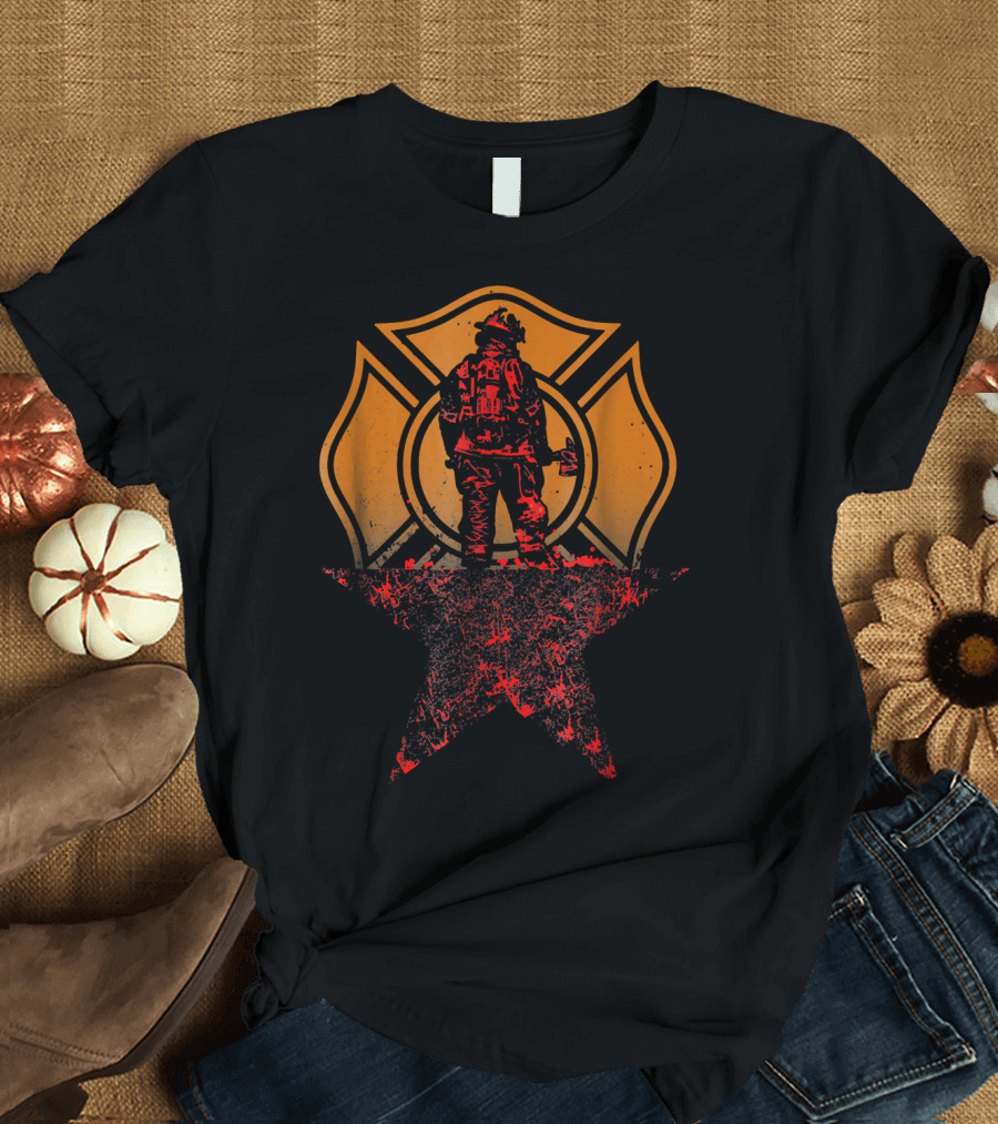 American Firefighter Maltese Cross Silhouette and Distressed Star T-Shirt