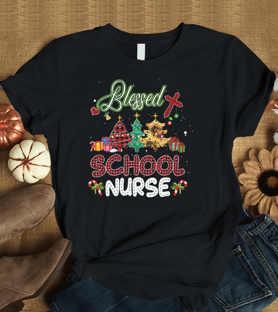 Blessed School Nurse Buffalo Plaid Christmas Tree T-Shirt