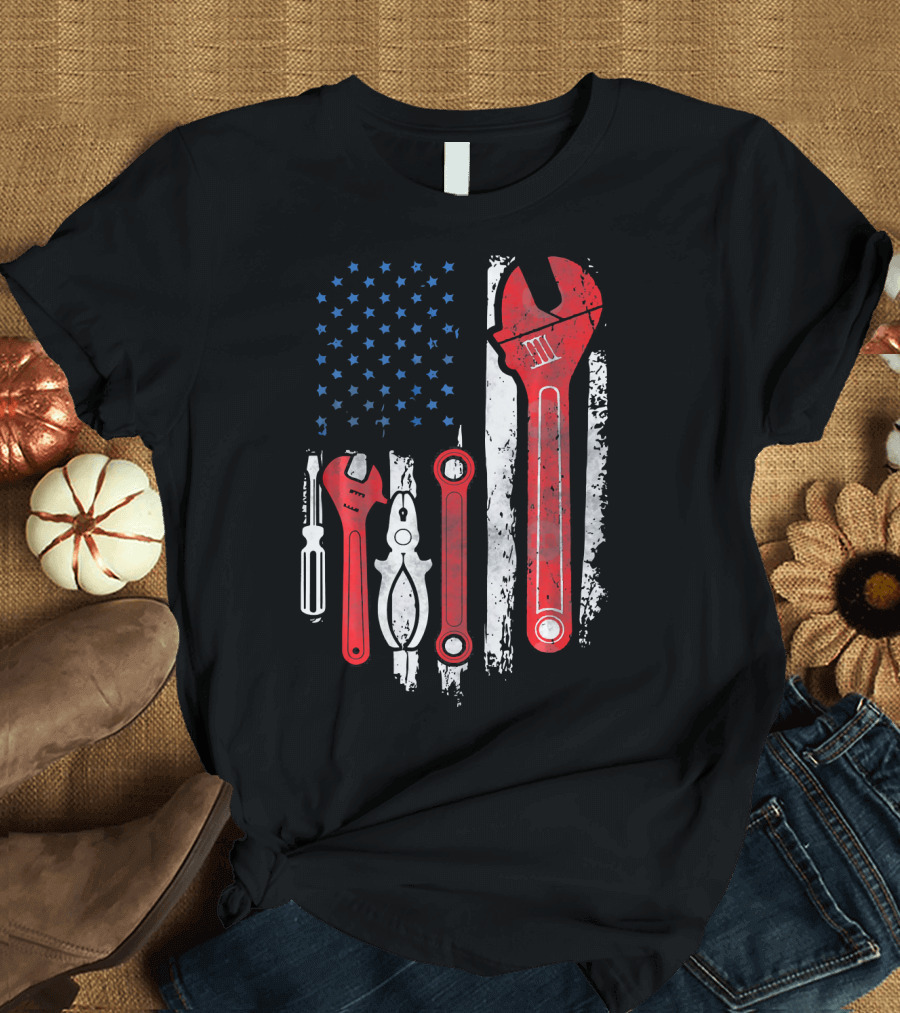 American Flag Tool Wrench Mechanic USA T-Shirt