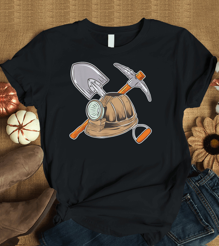 Coal Miner Helmet with Headlamp Shovel and Pickaxe Crossed T-Shirt