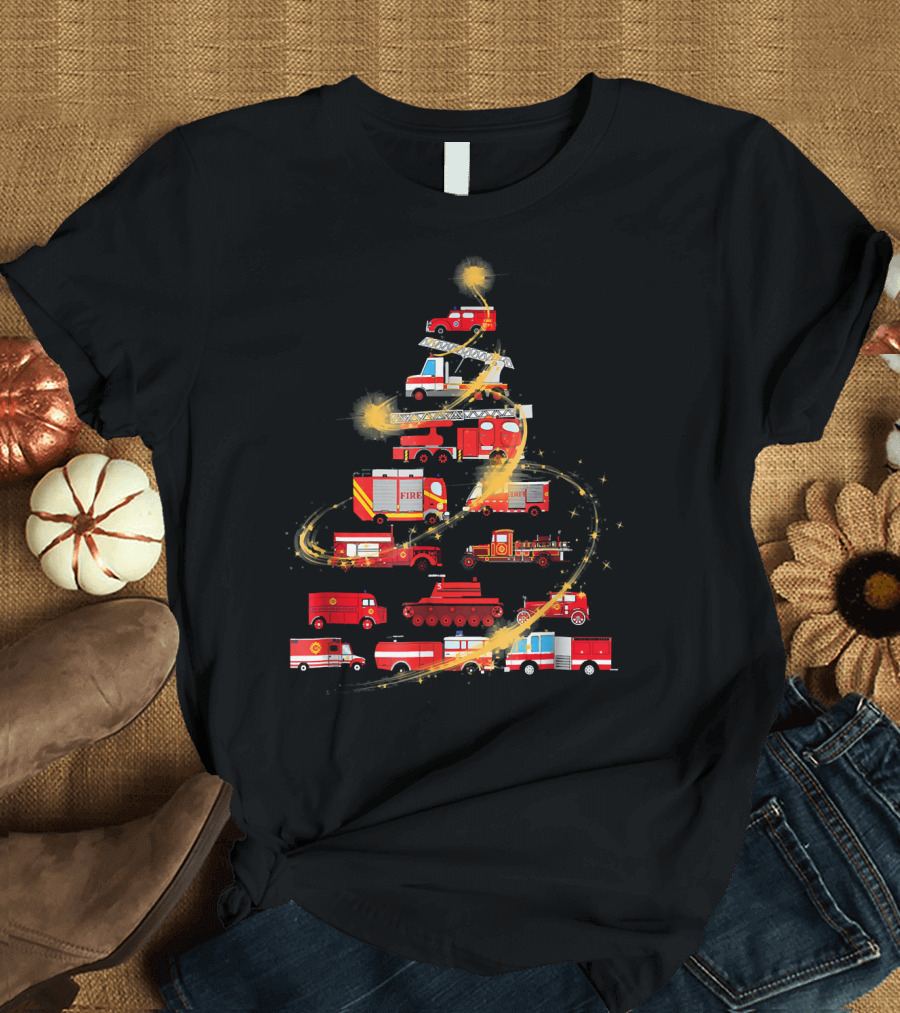 Christmas Firefighter Fire Truck Tree with Ladder and Lights T-Shirt