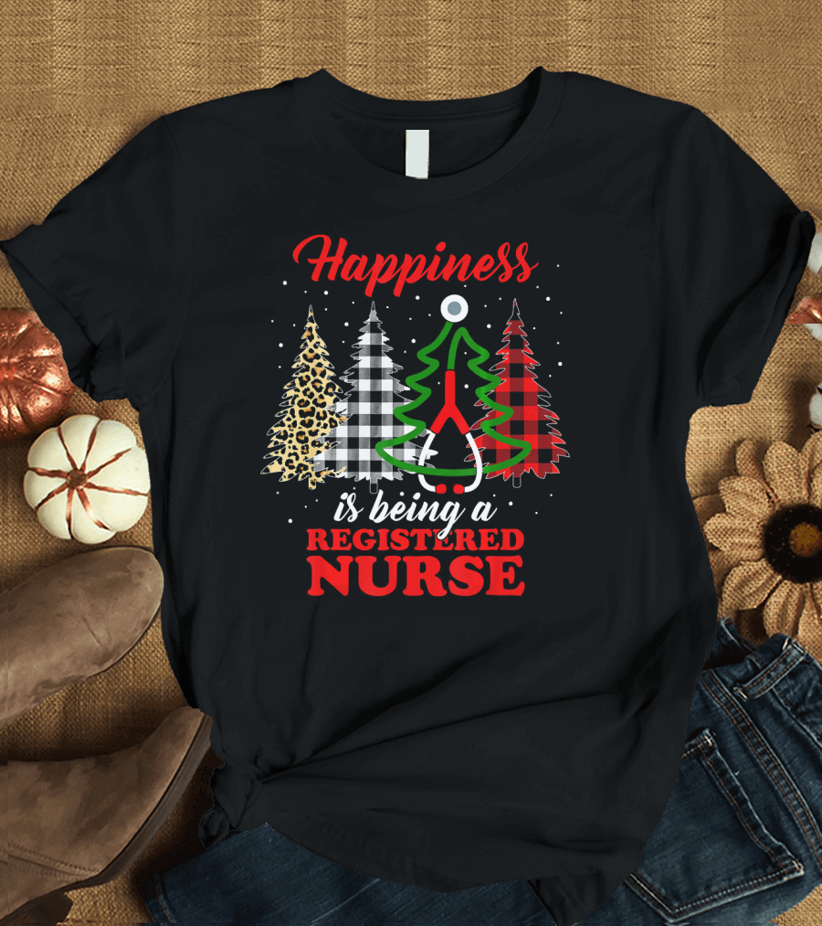 Happiness is Being a Registered Nurse Buffalo Plaid Christmas Tree T-Shirt