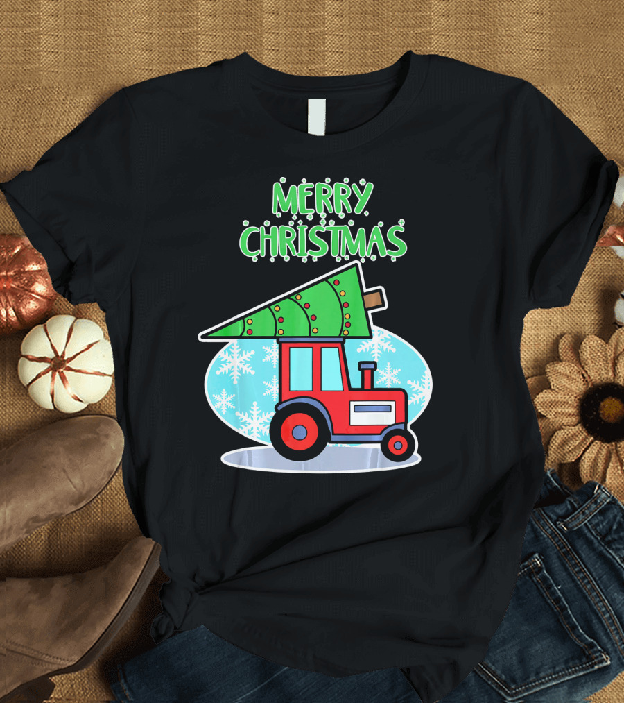 Merry Christmas Tractor with Tree and Snowflakes T-Shirt
