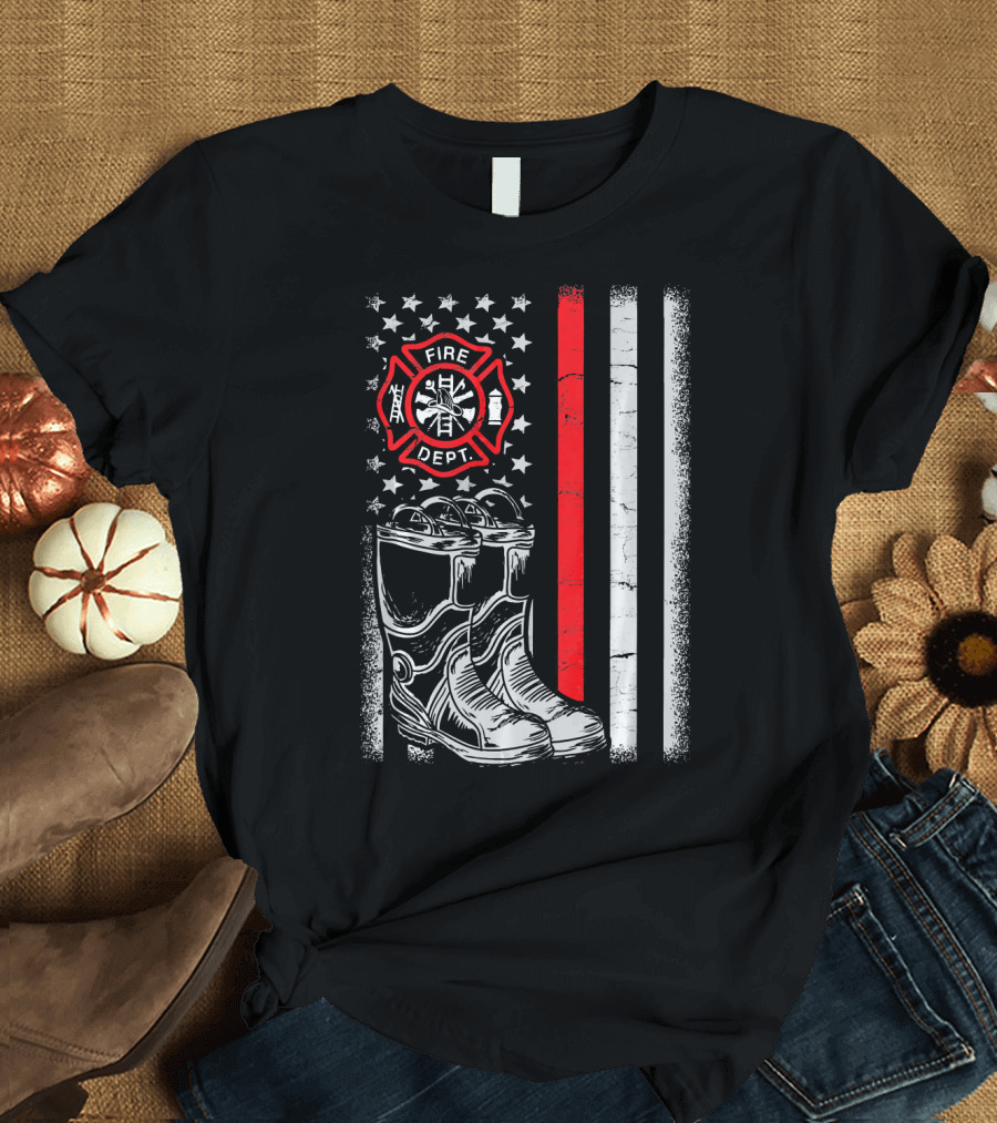 Firefighter Boots with American Flag and Fire Dept Emblem USA Thin Line T-Shirt