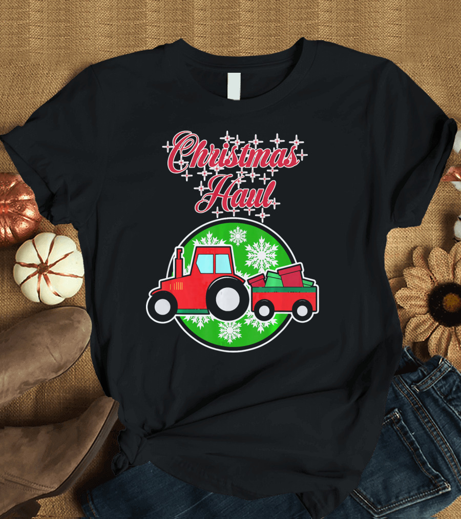 Christmas Haul Tractor with Gift Cart and Snowflakes T-Shirt