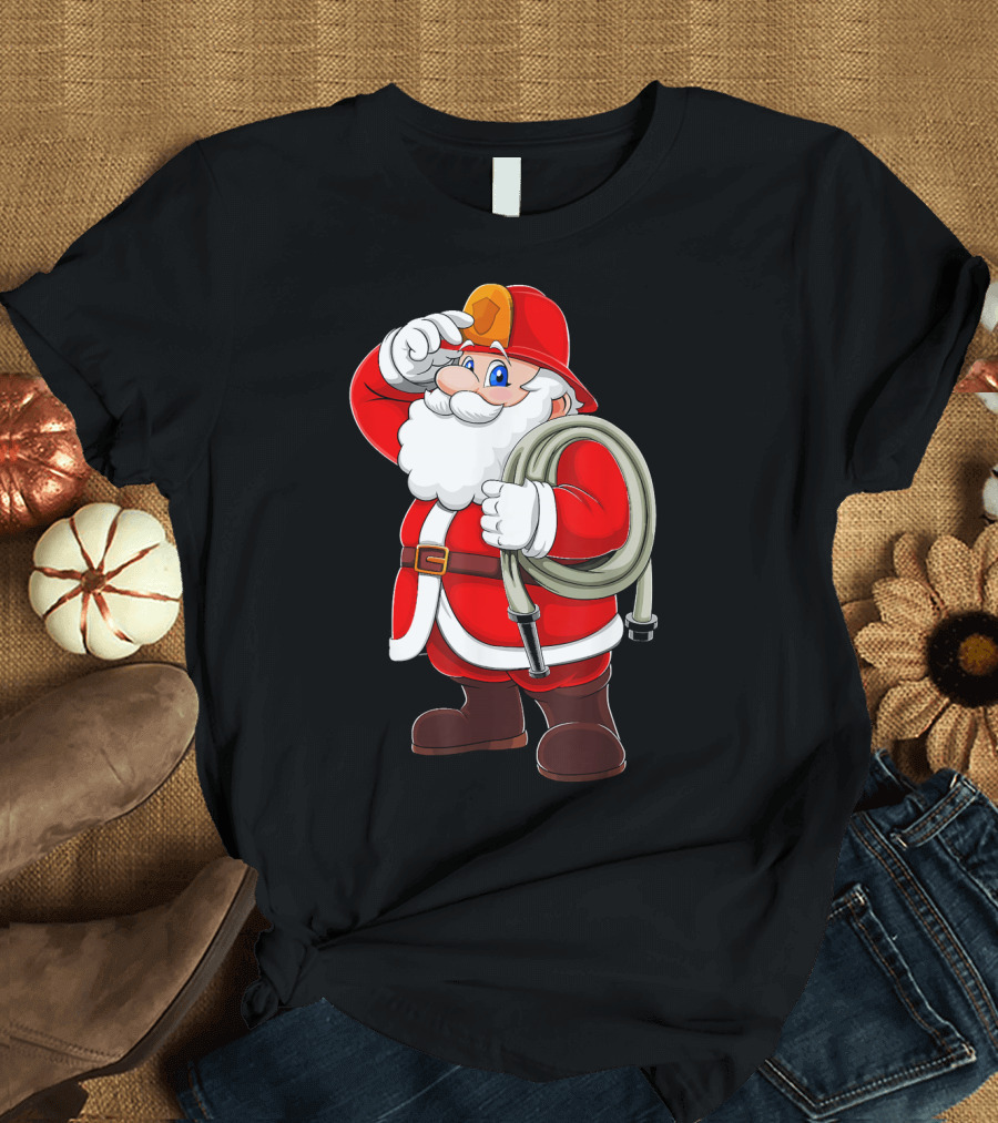 Christmas Firefighter Santa with Fire Hose T-Shirt