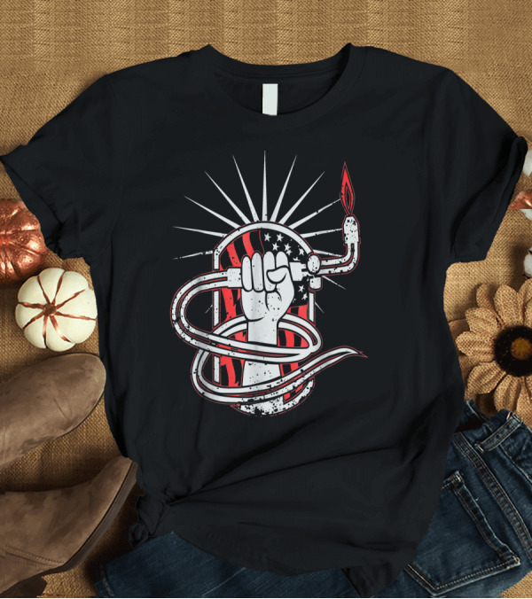 T-Shirt: American Flag Welder Fist Holding Torch with Stars and Stripes Background for Mig Tig T-Shirt American Flag Welder Fist Holding Torch with Stars and Stripes Background for Mig Tig T-Shirt
