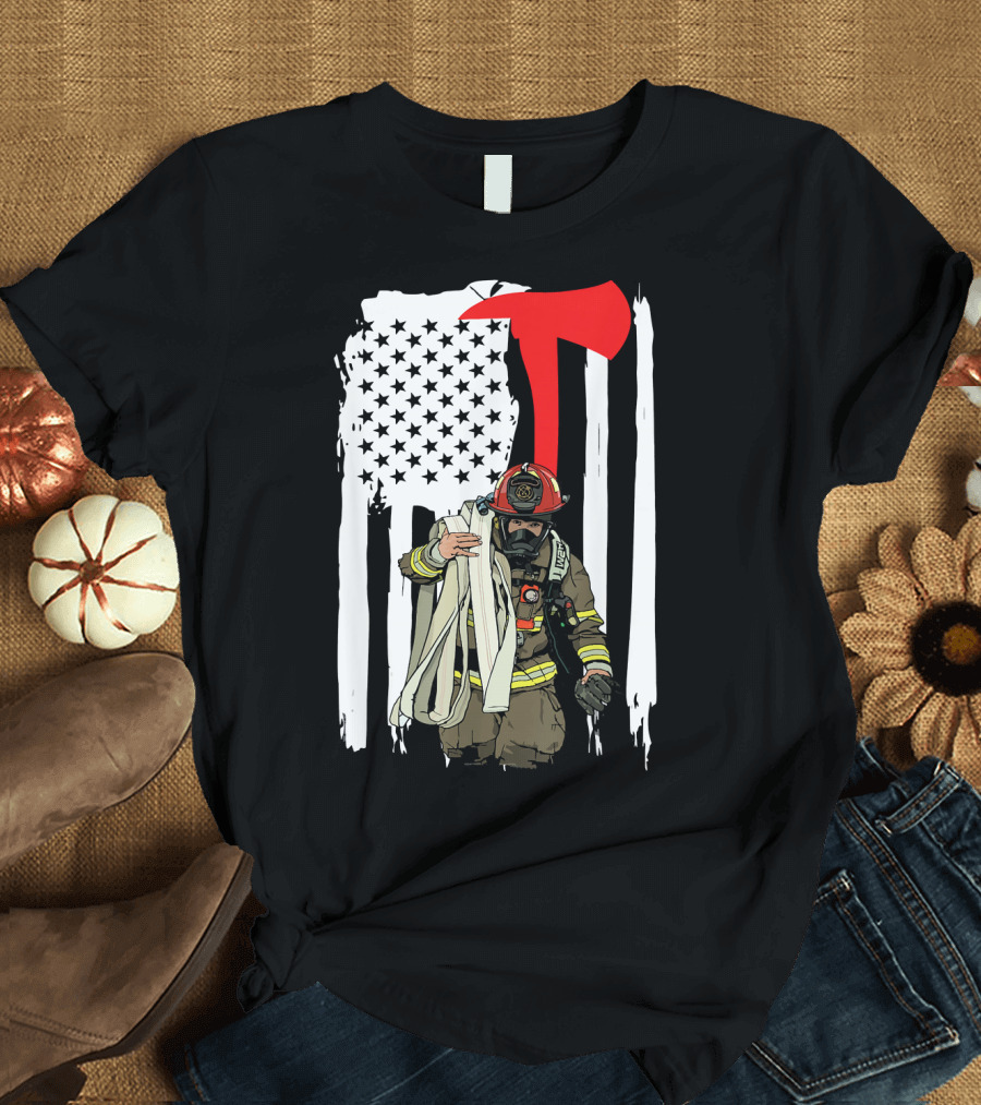 American Flag Firefighter Hero USA Axe and Stars T-Shirt