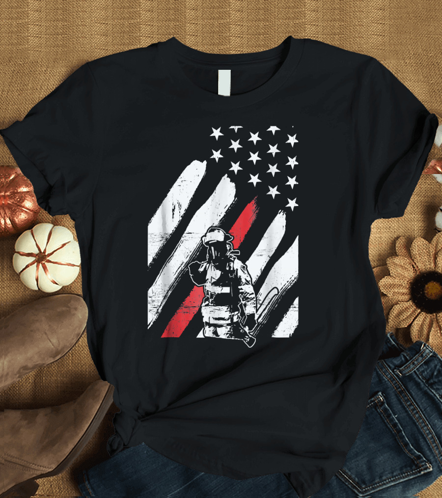 Firefighter with American Flag and Thin Red Line T-Shirt