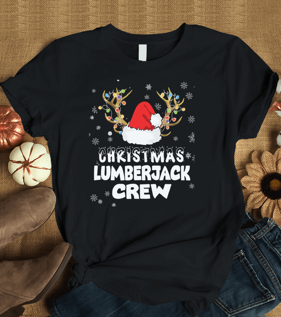 Christmas Lumberjack Crew Santa Hat with Reindeer Antlers and Snowflakes T-Shirt