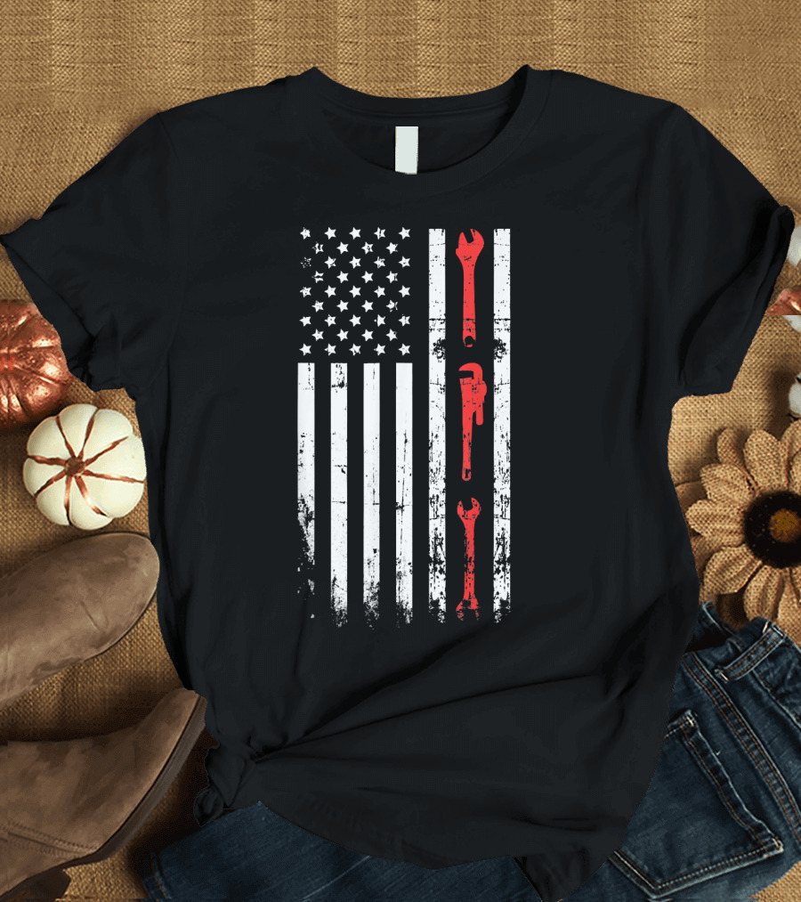 American Flag Mechanic Tools Wrenches Perfect Patriotic T-Shirt