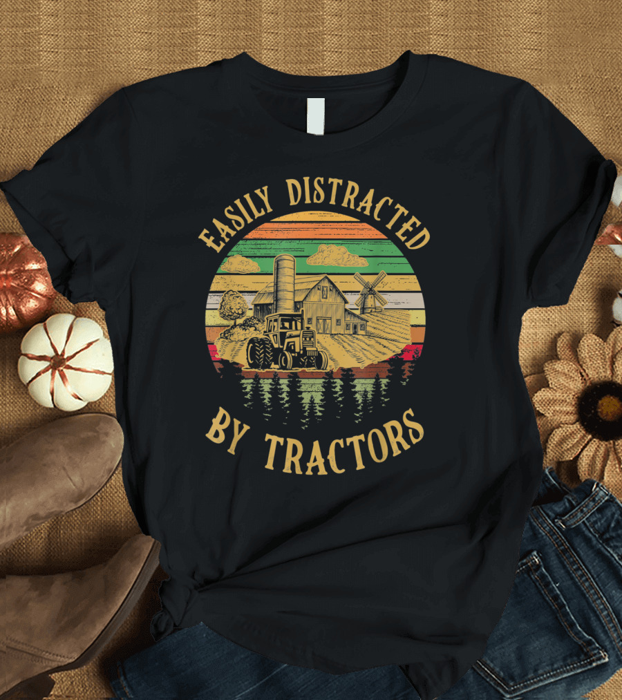 Easily Distracted by Tractors Farm Scene with Barn and Windmill T-Shirt