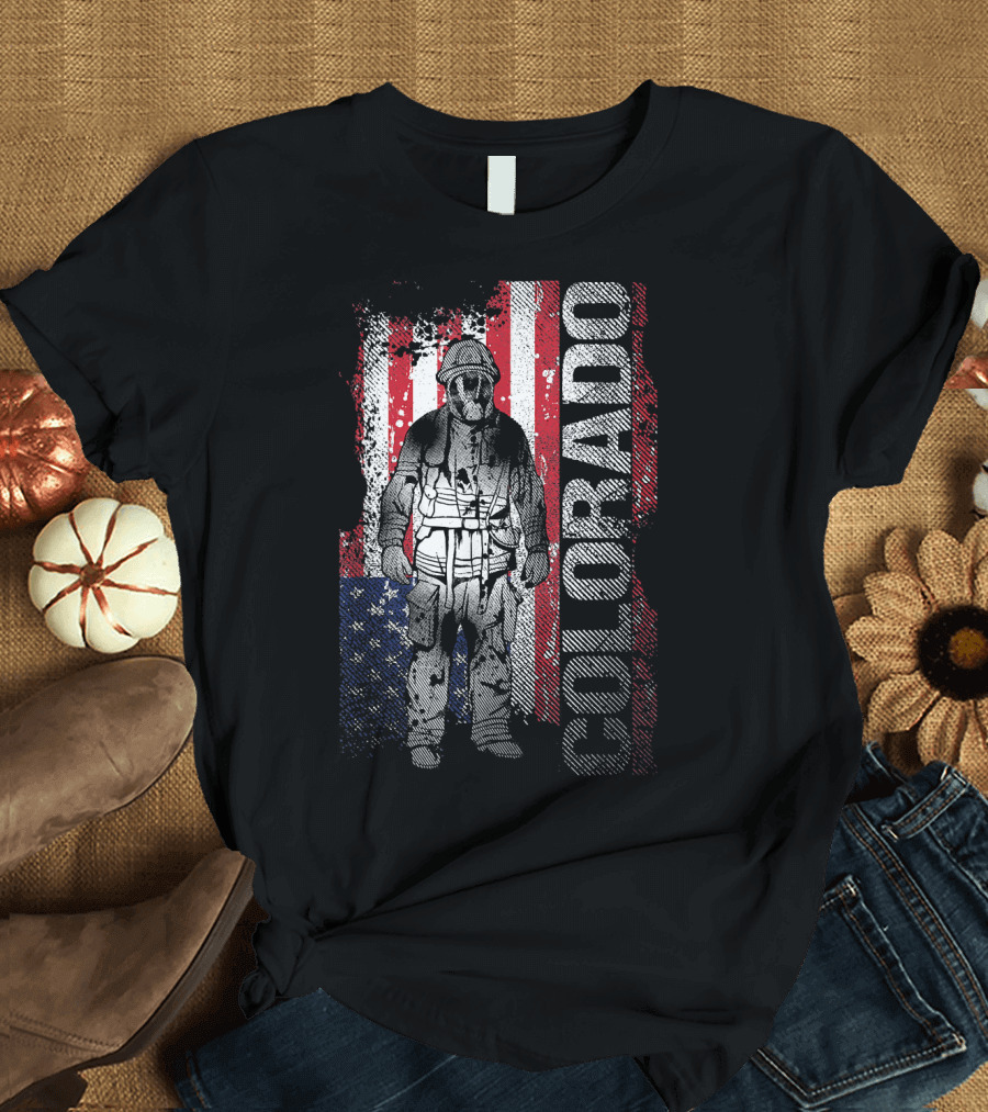 Colorado Firefighter with USA Flag Background T-Shirt