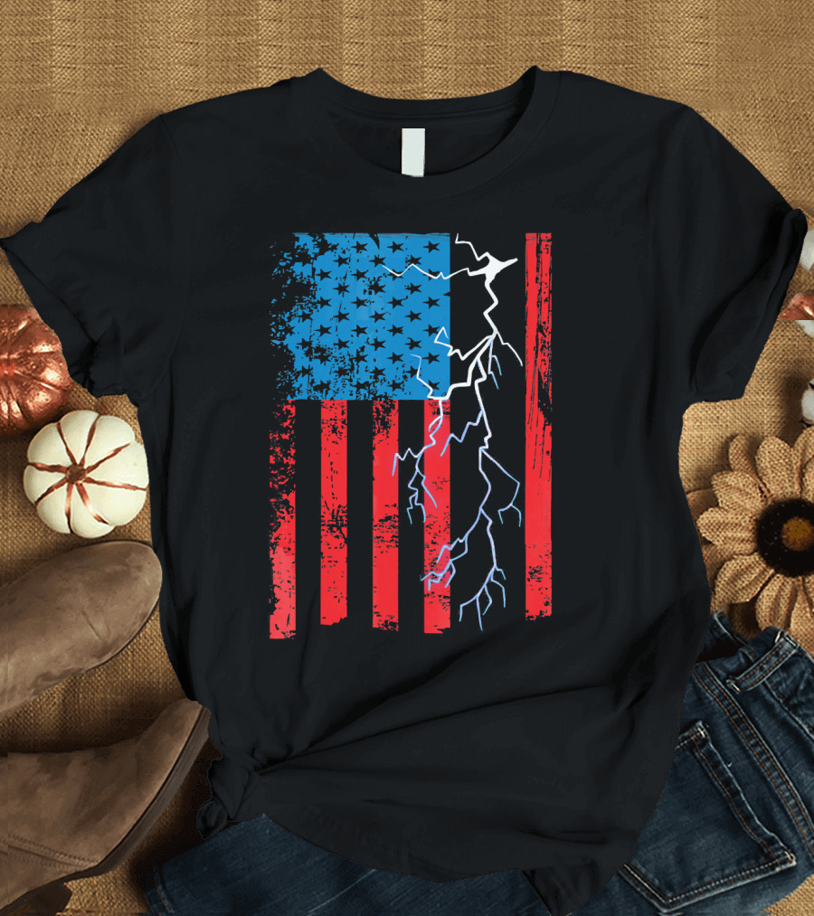 Electrician Mechanic American Flag with Lightning Bolt T-Shirt