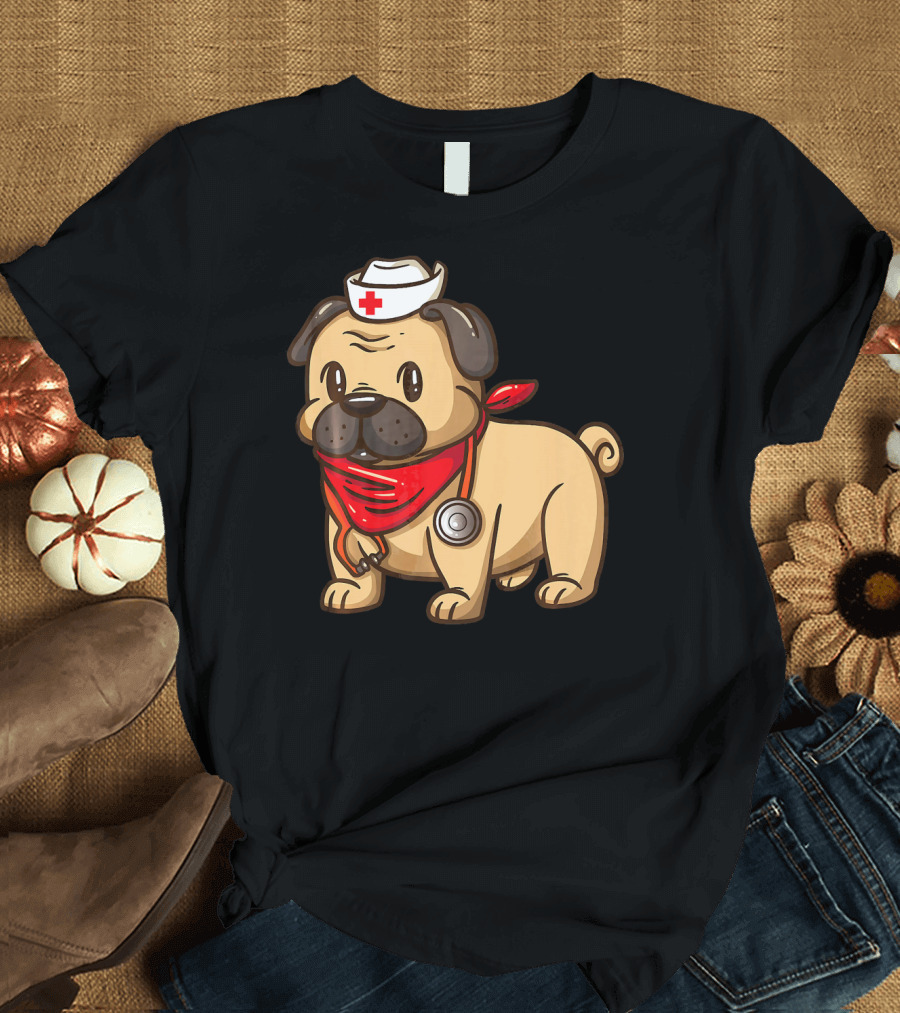 Cute Nurse Practitioner Pug Puppy Dog with Red Bandana and Nurse Hat T-Shirt