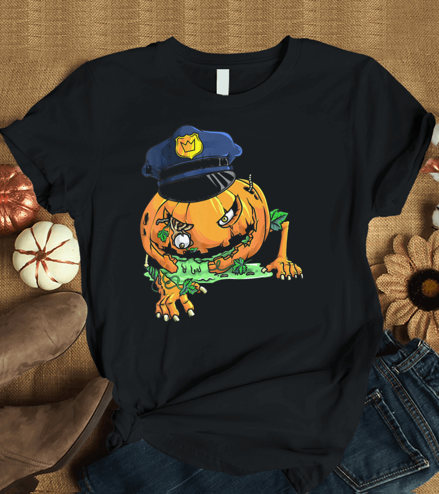 Zombie Pumpkin Police with Blue Cap and Green Goo T-Shirt