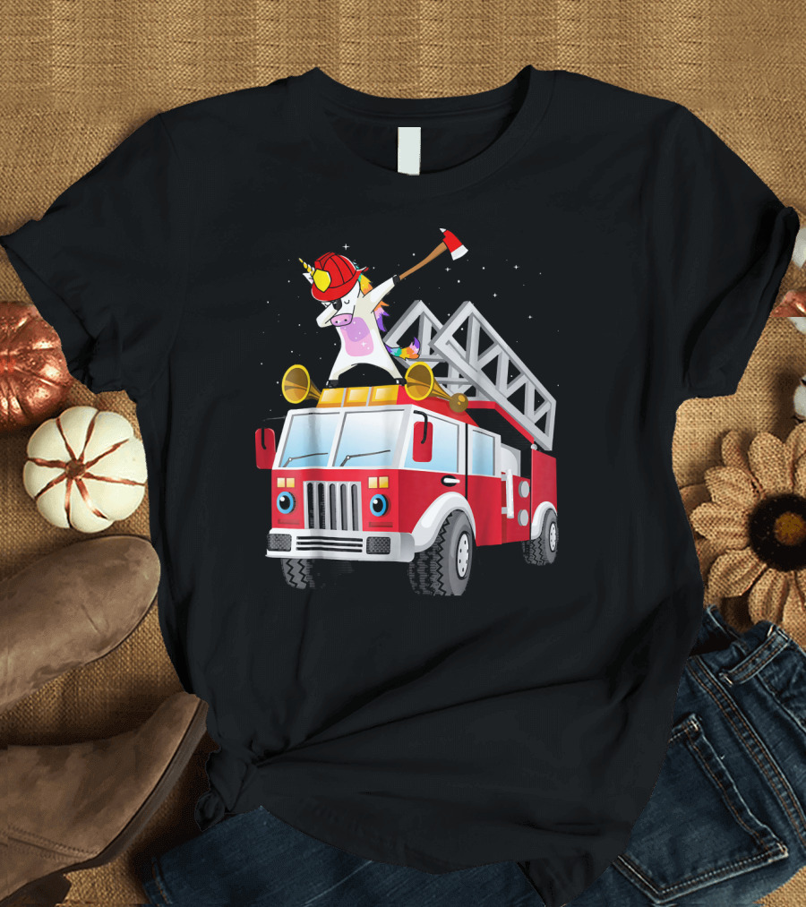 Dabbing Firefighter Unicorn on Fire Truck with Axe T-Shirt