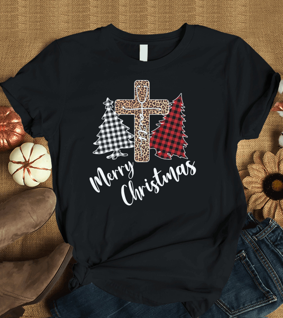 Faith Stethoscope Christian Cross Merry Christmas Plaid Trees T-Shirt