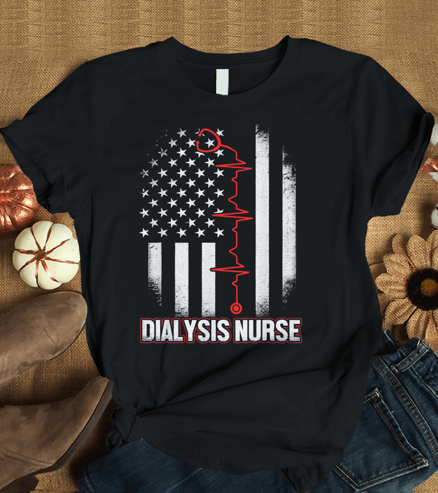 Dialysis Nurse American Flag Distressed EKG Heartbeat T-Shirt