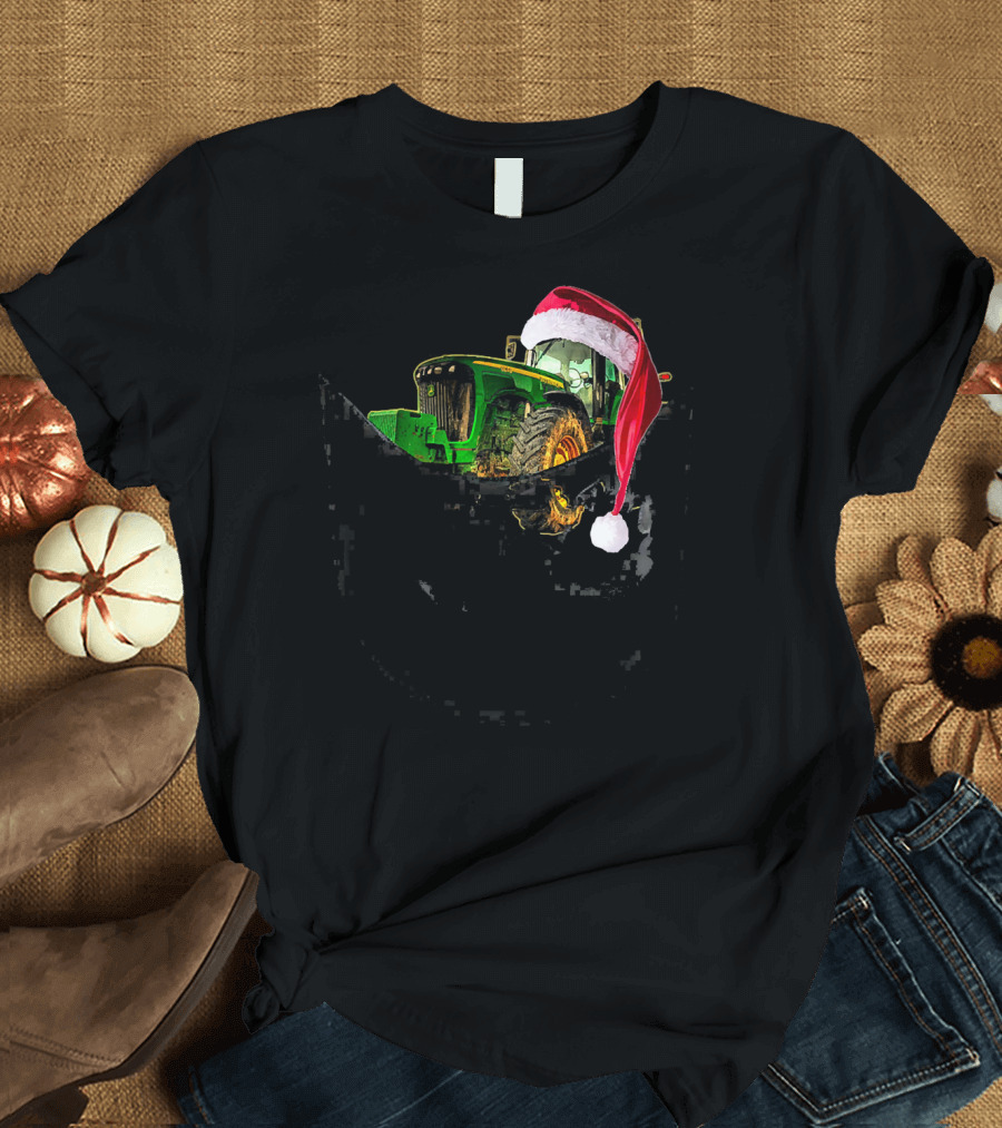 Farm Tractor with Santa Hat Merry Christmas T-Shirt