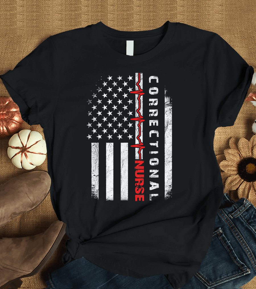 Correctional Nurse Distressed American Flag with Heartbeat Line T-Shirt