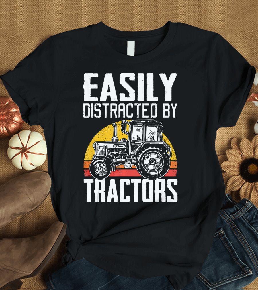 Easily Distracted By Tractors Retro Sunset Tractor T-Shirt